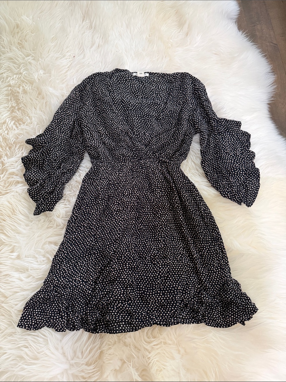 Billabong Black Dress with White Polka Dot Puff Sleeves